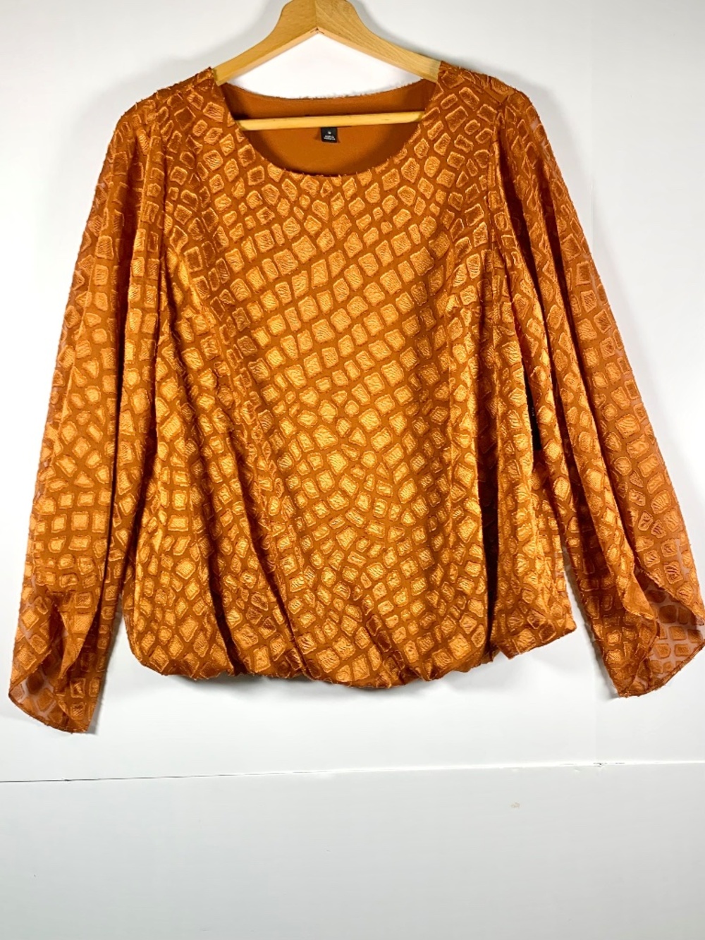 Alfani 1X Textured Bubble Hem Blouse Burnt Orange Gold Kimono Long Sleeve Flowy